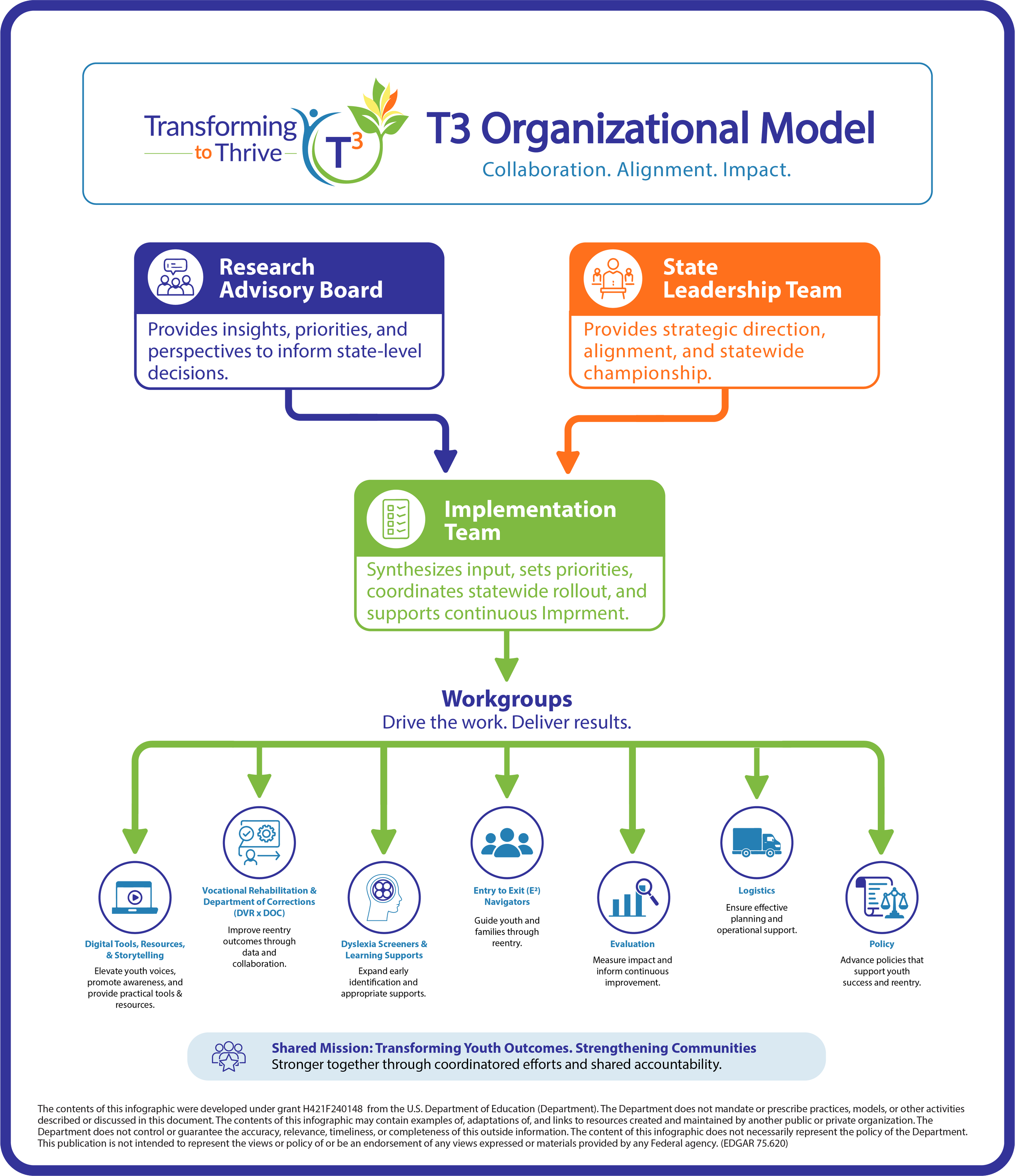 T3 organizational model showing leadership, implementation, and workgroup structure.