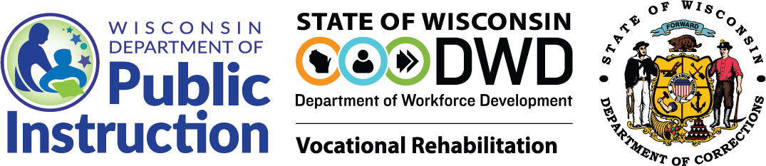 Logos for Department of Public Instruction, Workforce Development - Vocational Rehabilitation, and Department of Corrections