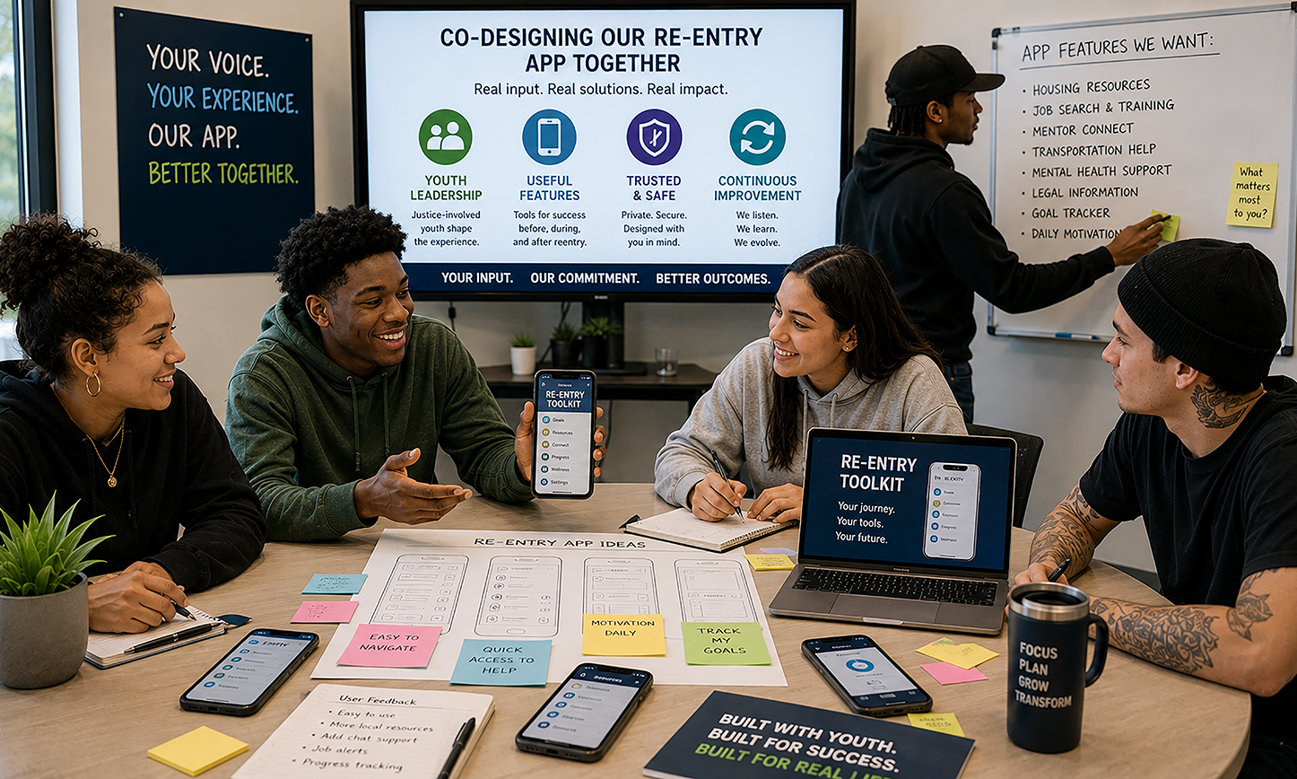 Youth actively participating in the co-design and development of a reentry support application, providing lived-experience feedback to create practical, accessible, and user-centered tools that support successful community reintegration.