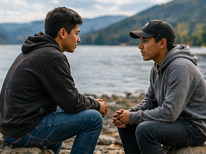 Two young men sitting by a lakeshore, facing each other and having a serious conversation.