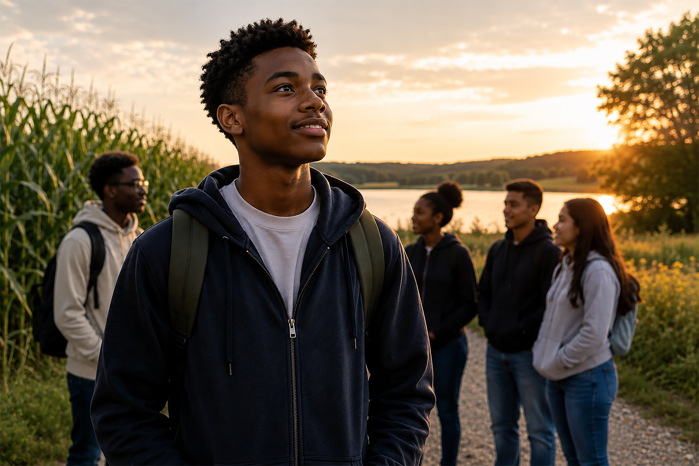 A young man standing outdoors at sunset with a group of peers in the background near a lake.