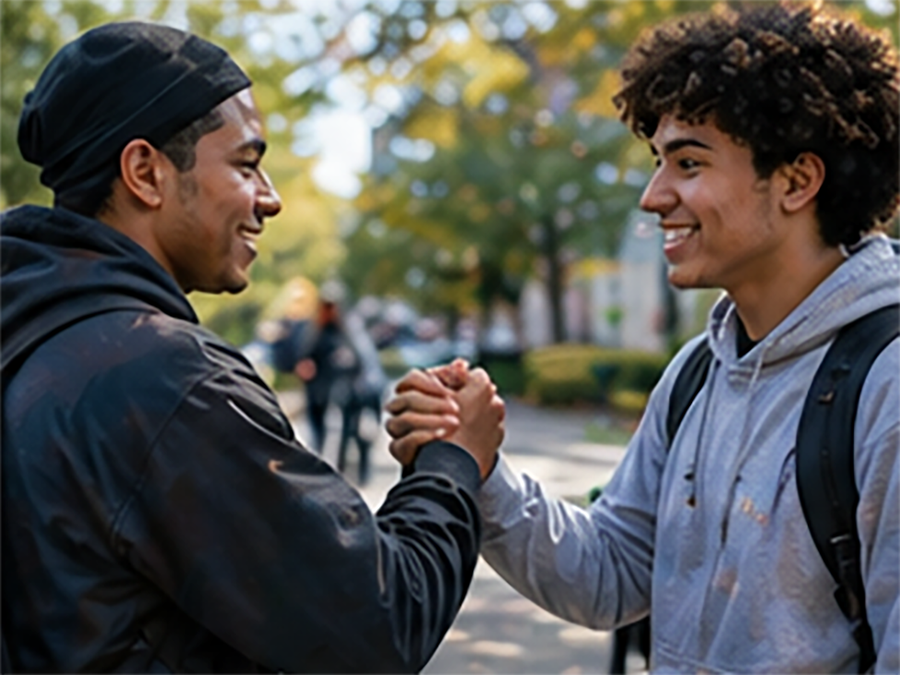 Two young men smiling and greeting each other with a handshake outdoors.