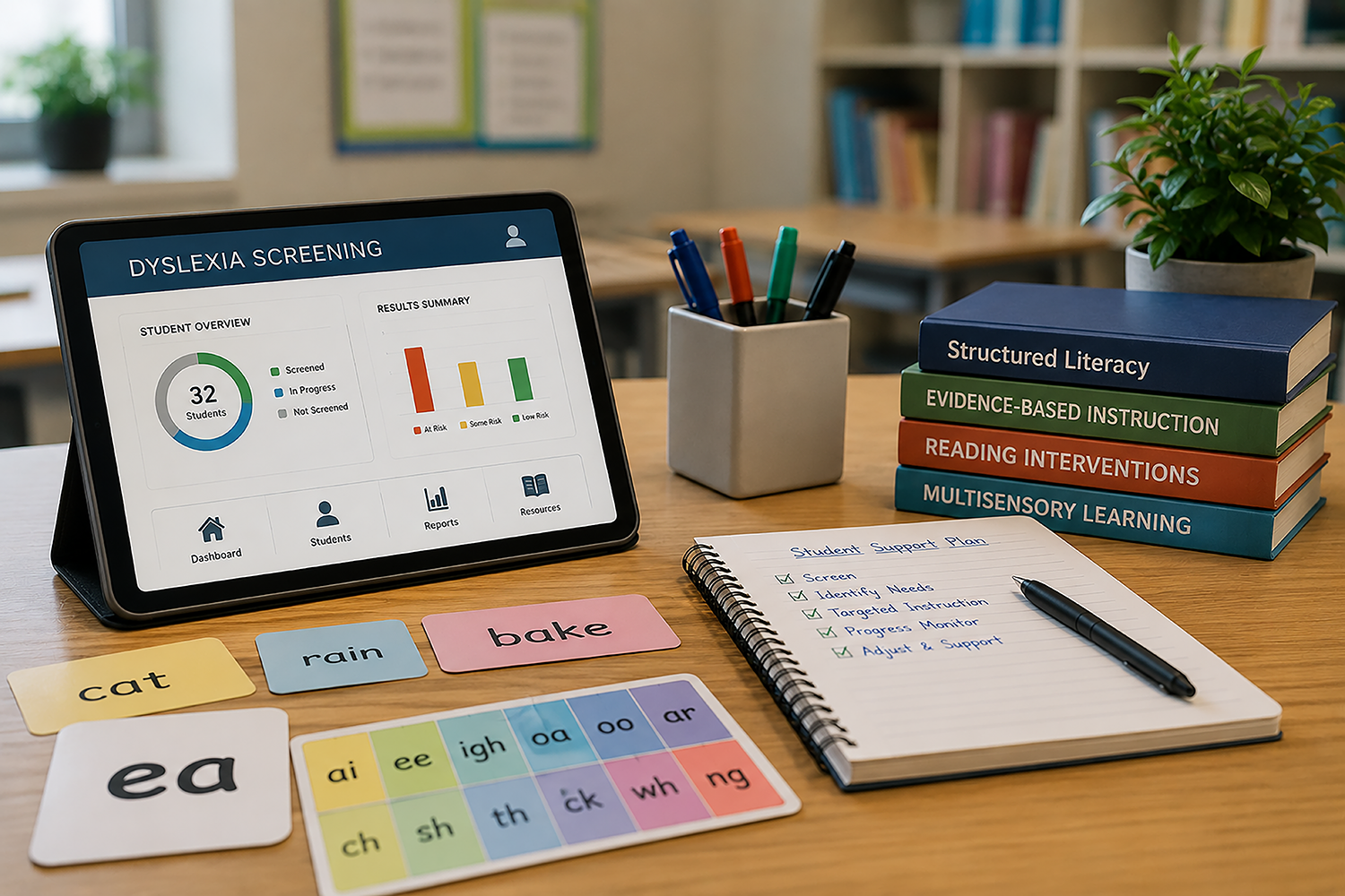 A dyslexia screening dashboard displayed on a tablet alongside literacy instruction resources, screening tools, and student support planning materials.