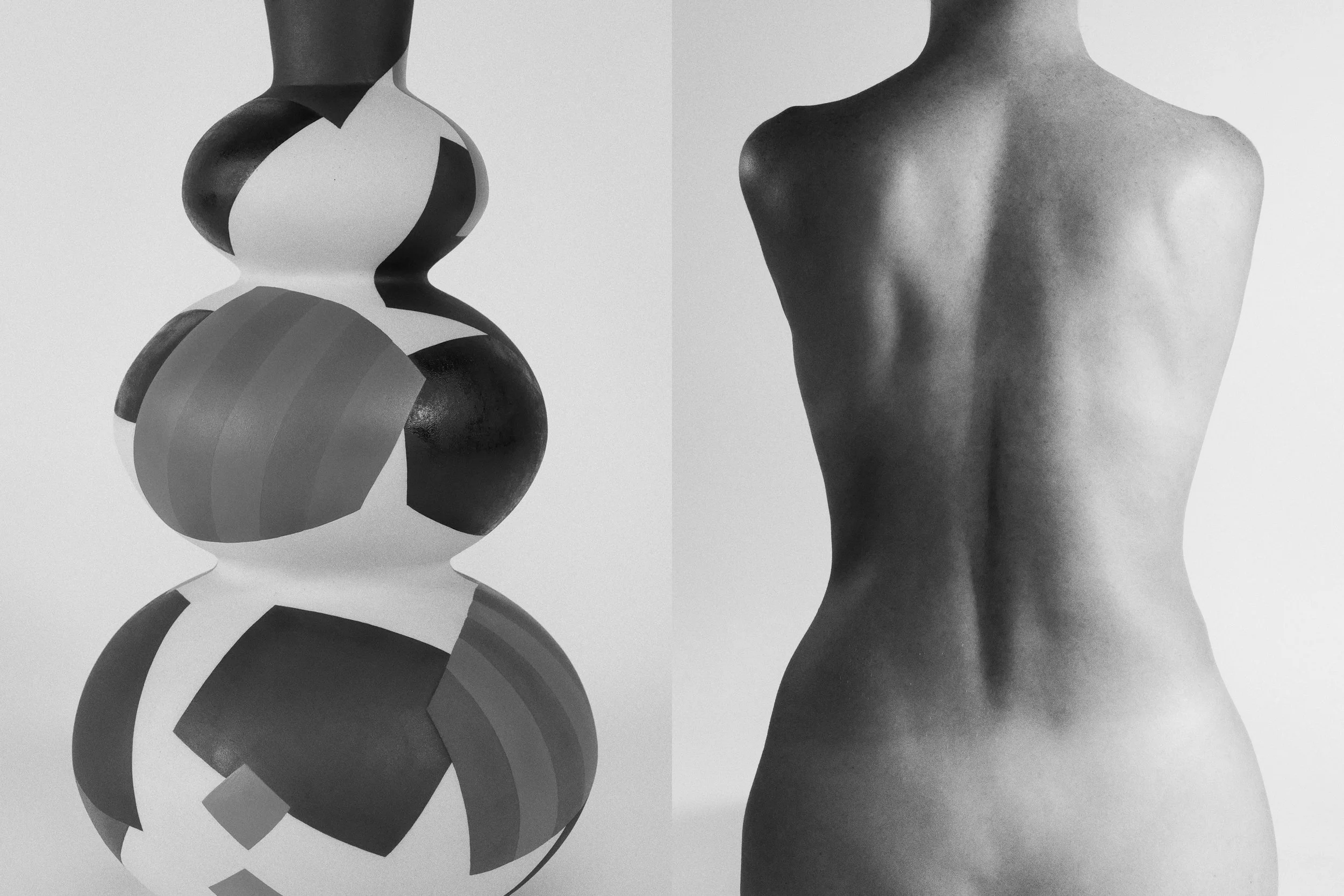 Side-by-side black and white photographs. The left image shows a geometric ceramic vessel comprised of three spherical shapes and painted with patterns. The right image depicts a female's back. The two photos resemble one another in their forms.