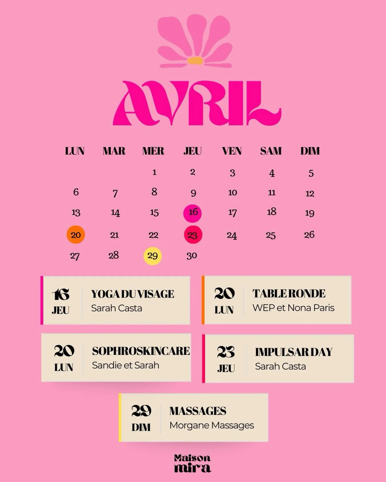 𝐀𝐯𝐫𝐢𝐥 𝐜𝐡𝐞𝐳 𝐌𝐚𝐢𝐬𝐨𝐧 𝐌𝐢𝐫𝐚

Un lieu.
Une &eacute;nergie.
Des femmes qui avancent.

Ici, on ne vient pas juste &ldquo;participer&rdquo;.
On vient pour se r&eacute;aligner.
Cr&eacute;er.
D&eacute;cider.
Passer un cap.

Ateliers, soins, t