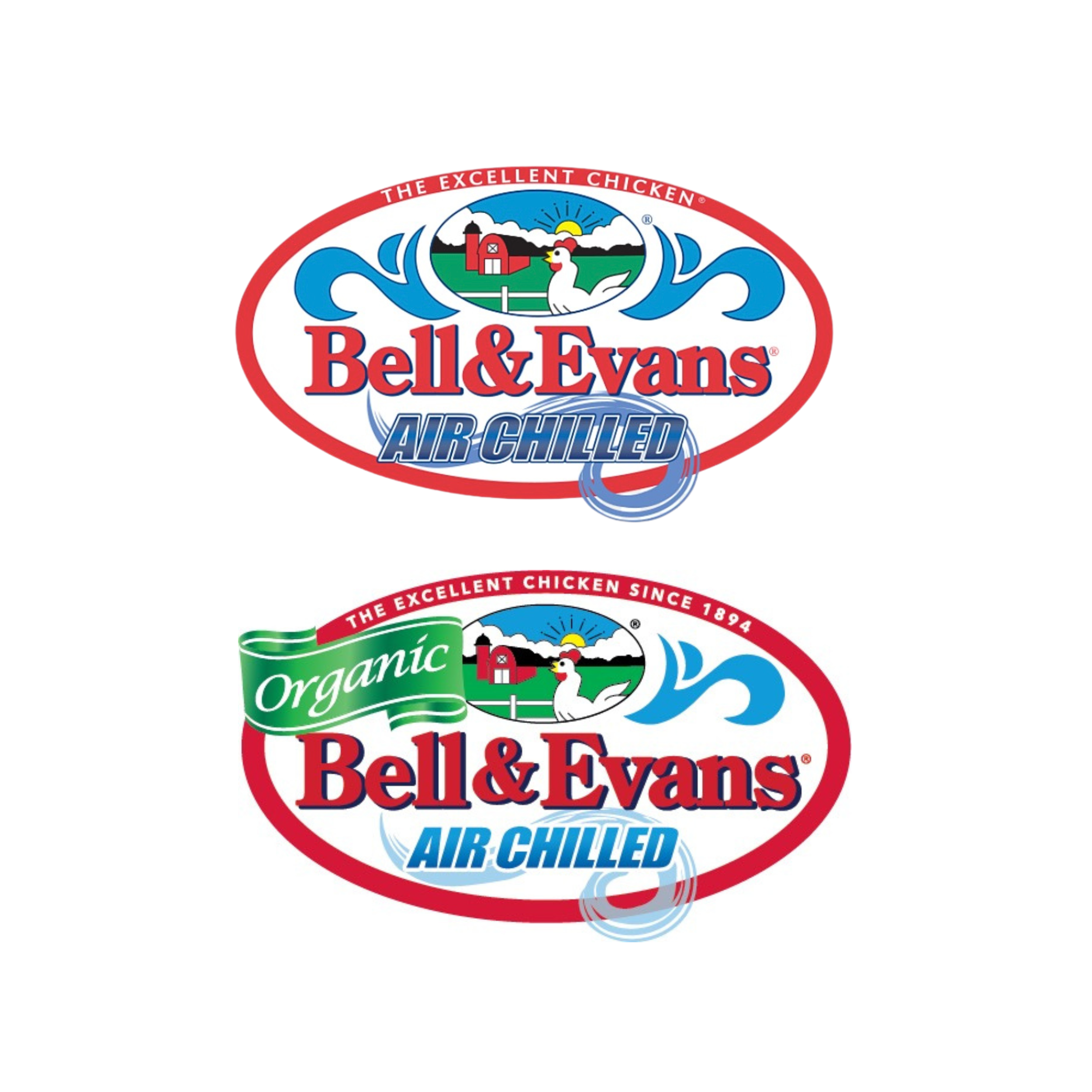 Bell & Evans logo with farm scene, chicken, water waves, and text 'Air Chilled' and 'Organic' in green banner.