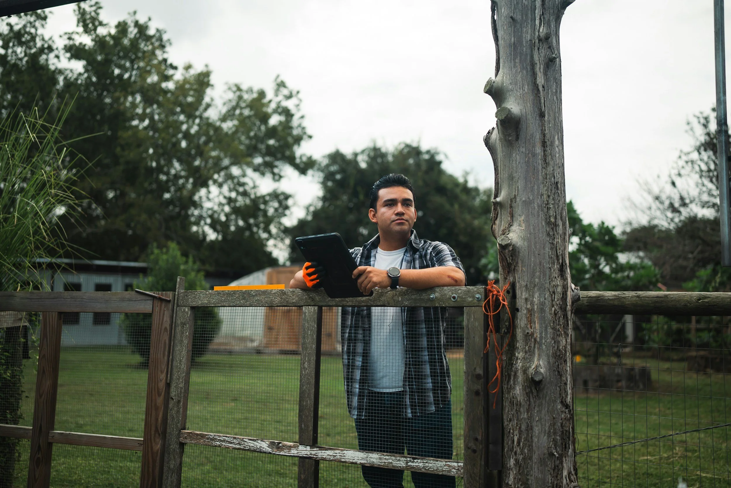 A young man standing behind a wooden fence outdoors, holding a tablet and looking to the side, with trees and buildings in the background.