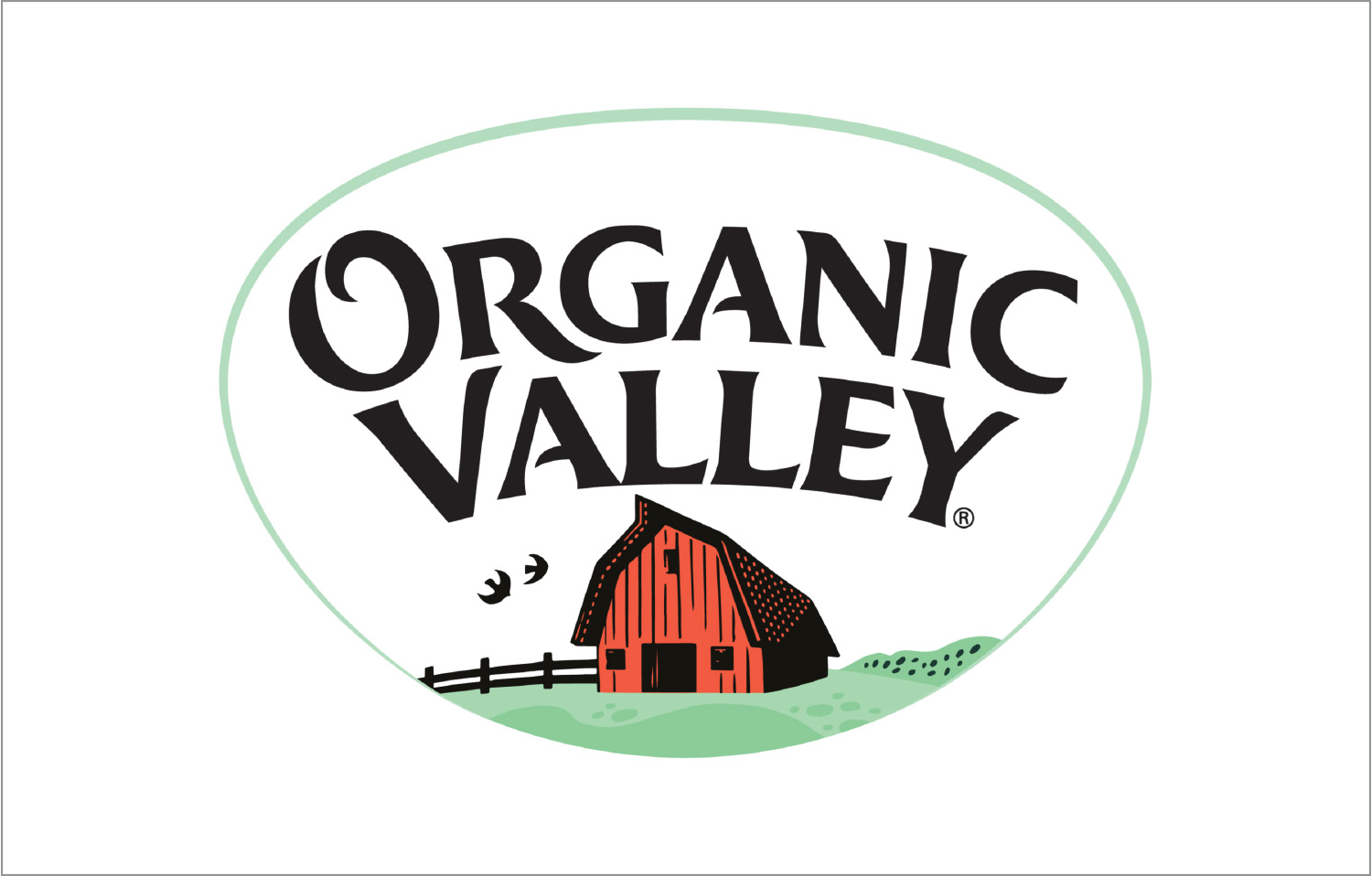 Logo of Organic Valley featuring a barn and green landscape enclosed in an oval.