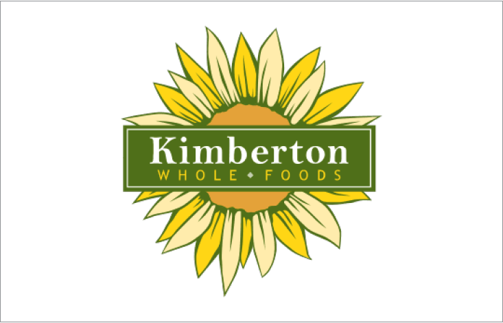Logo of Kimberton Whole Foods featuring a sunflower with yellow and cream petals around a brown center and a green rectangular banner with white text.