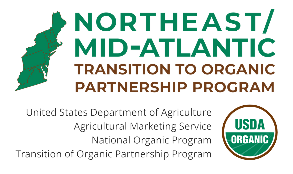 Logo and text for the Northeast/Mid-Atlantic Transition to Organic Partnership Program, a USDA Organic initiative by the U.S. Department of Agriculture.