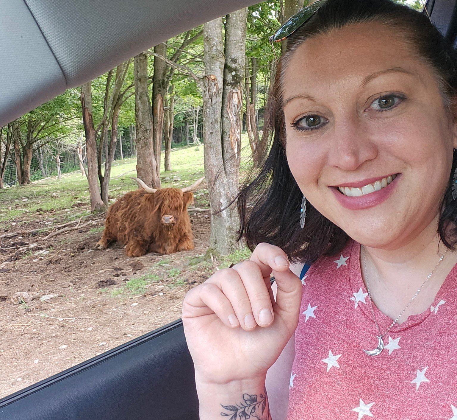 A woman smiling for a selfie while sitting in a vehicle with a Highland cow outside in a wooded area.