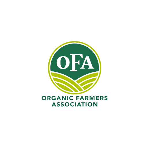 Logo of the Organic Farmers Association with green and yellow colors, featuring a farmer's hat and fields.