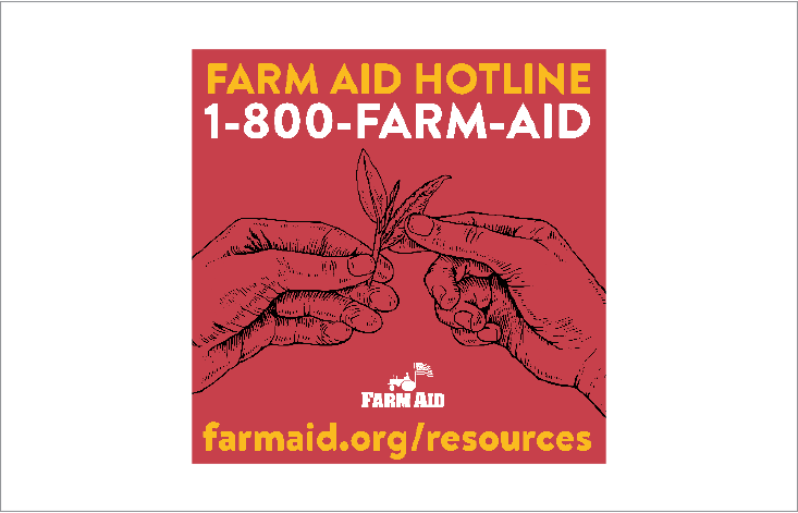 Graphic with two hands holding a sprouting plant against a red background, promoting farm aid resources with a helpline number and website link.