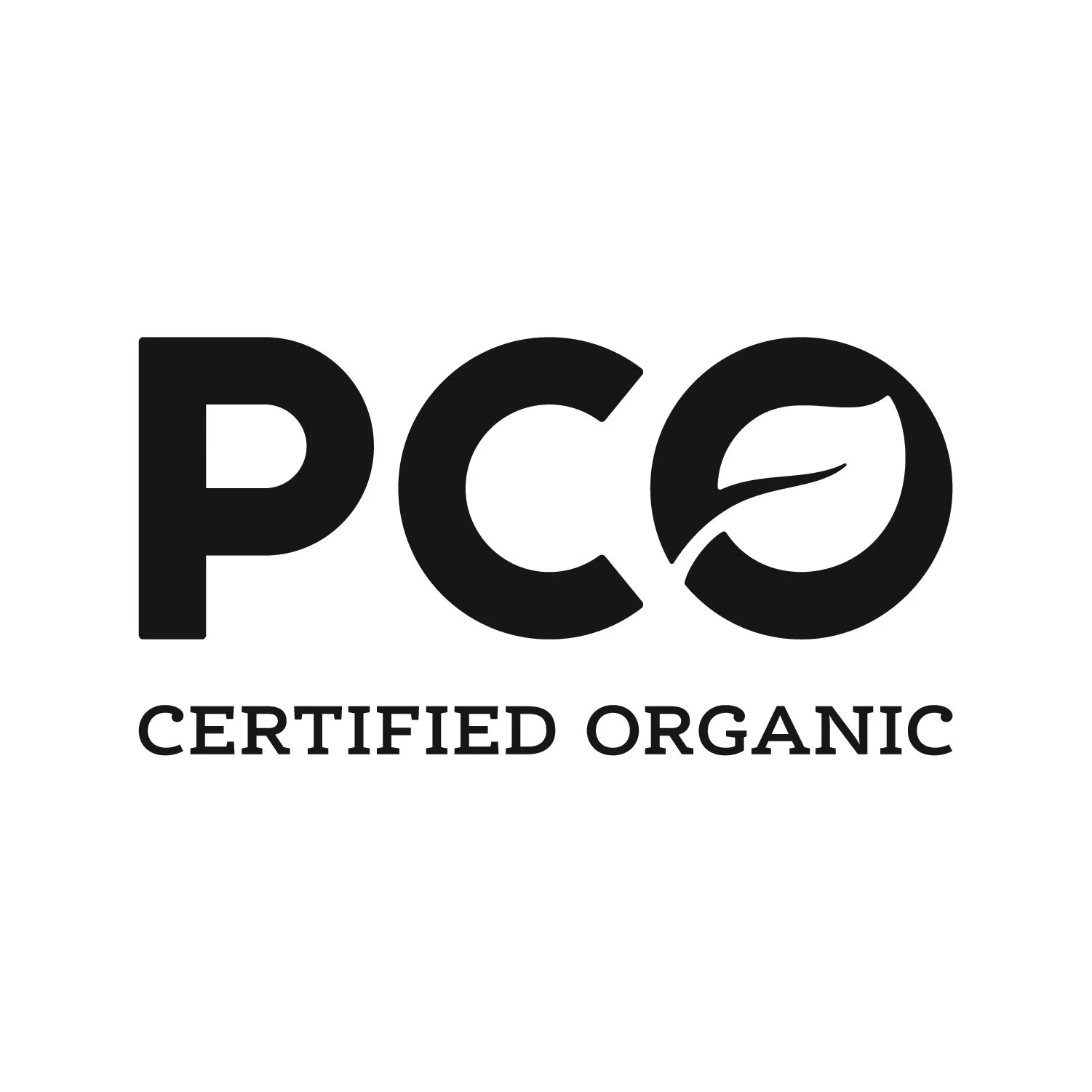 Logo with the letters PCO and a leaf inside the O, and the text "Certified Organic" below.