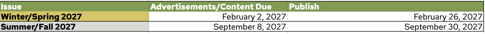 A table showing the advertising and content due dates.