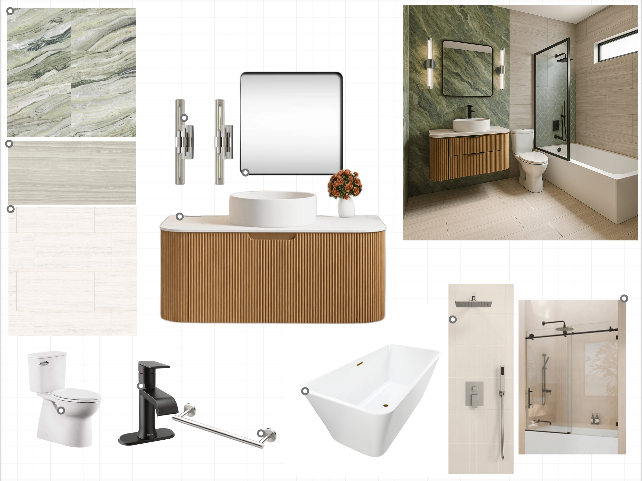 Design mood board featuring bathroom fixtures and decor, including a white bathtub, modern black faucet, white toilet, black grab bar, shower with a glass door, vanity with a white vessel sink, mirror, and wall-mounted lights, along with various tile samples in green, beige, and white tones.