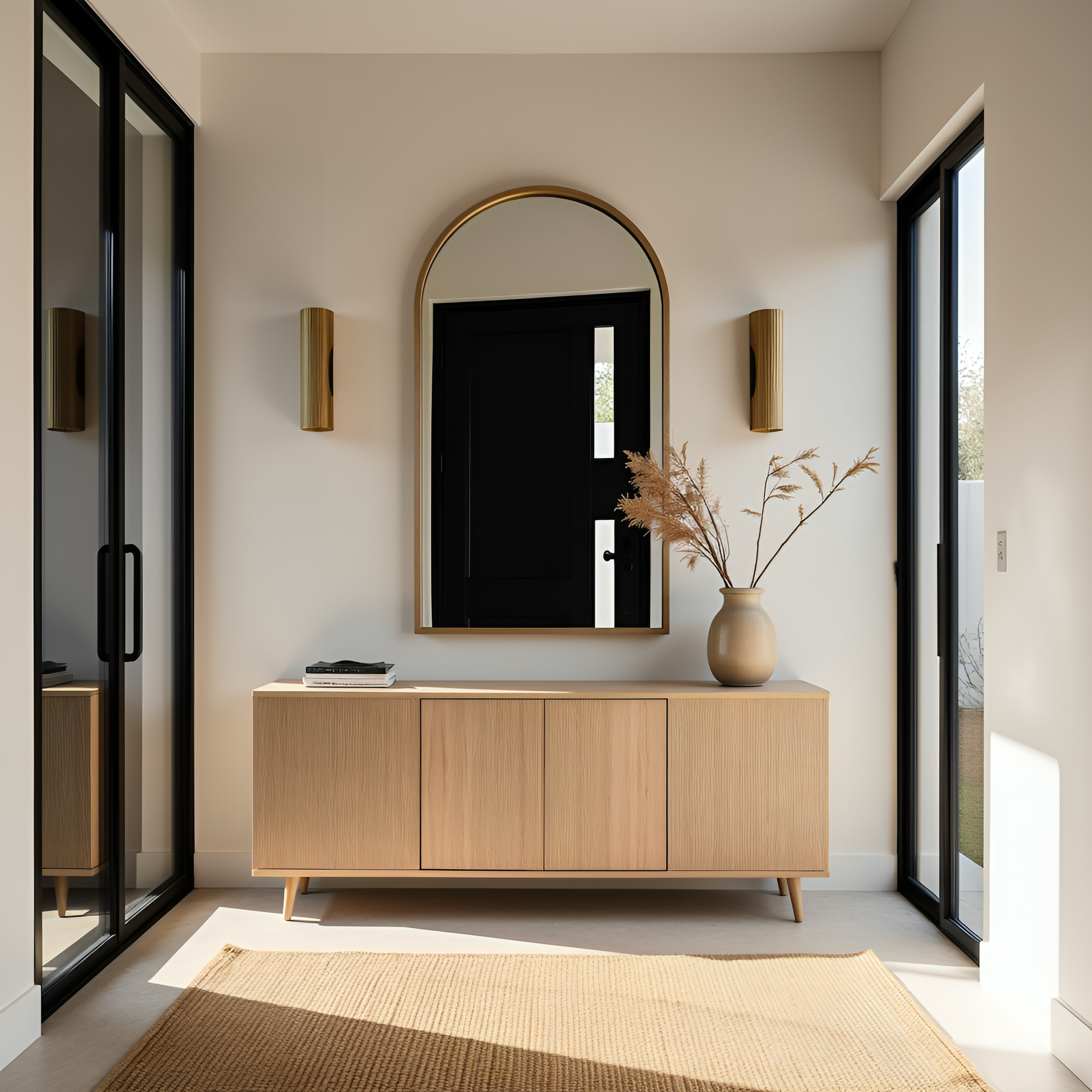 Modern entryway with a black front door, large oval mirror, beige wooden console table, vase with dried plants, and natural light.