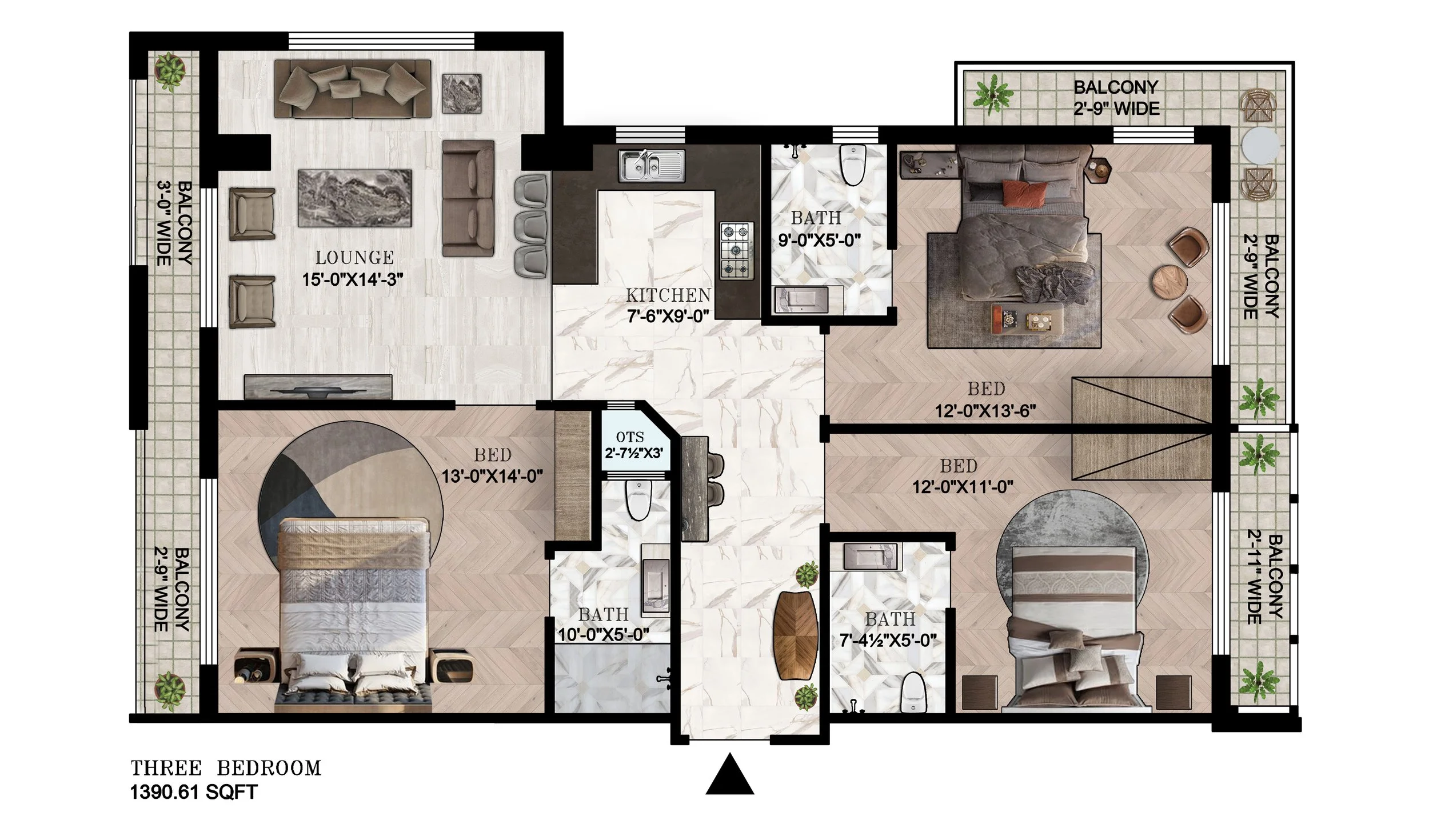 Floor plan of a three-bedroom apartment, including a lounge, kitchen, three bedrooms, three bathrooms, and balconies.