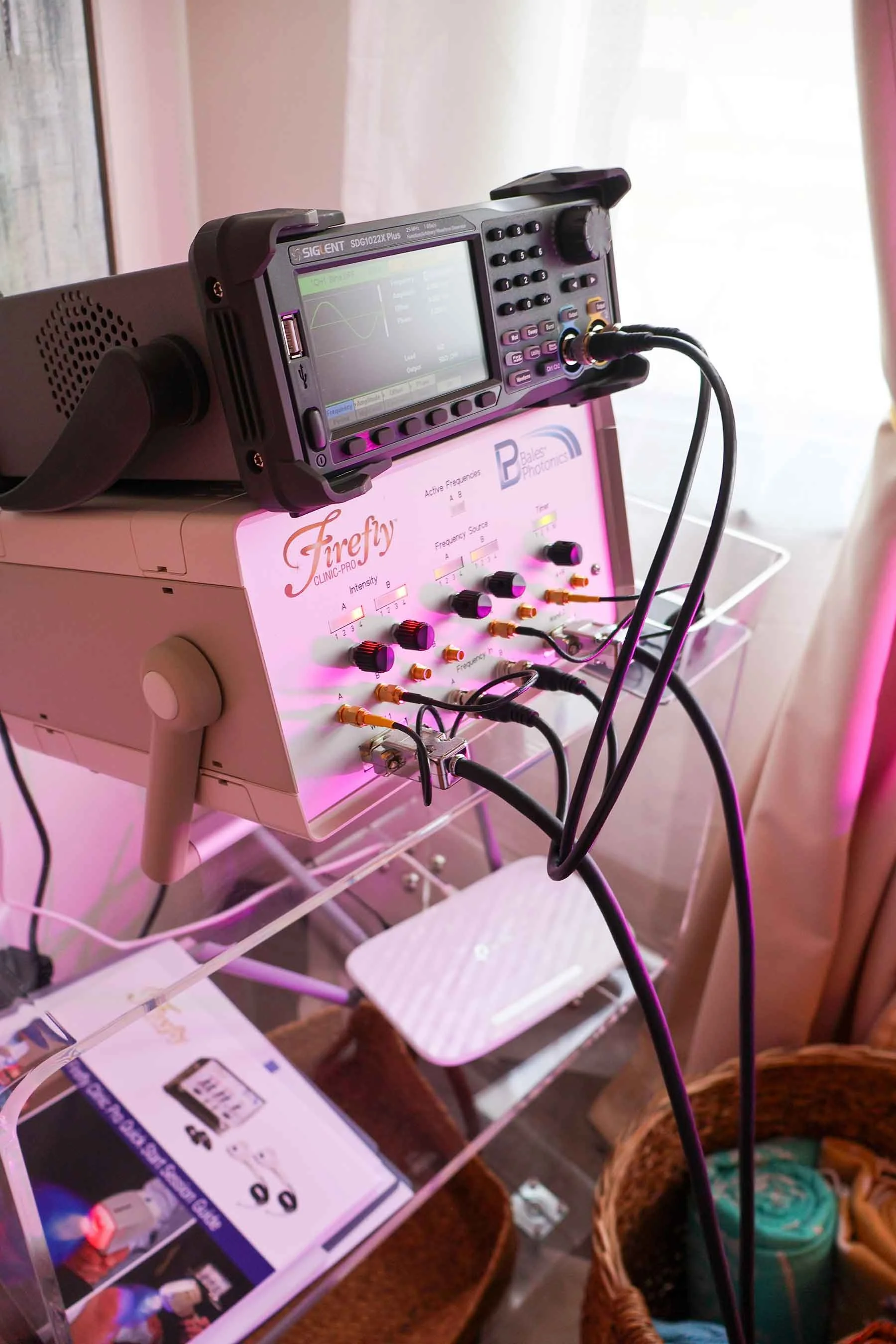 Medical testing equipment on a table, including a signal generator, with cables connected, a brochure, and baskets with textiles nearby.