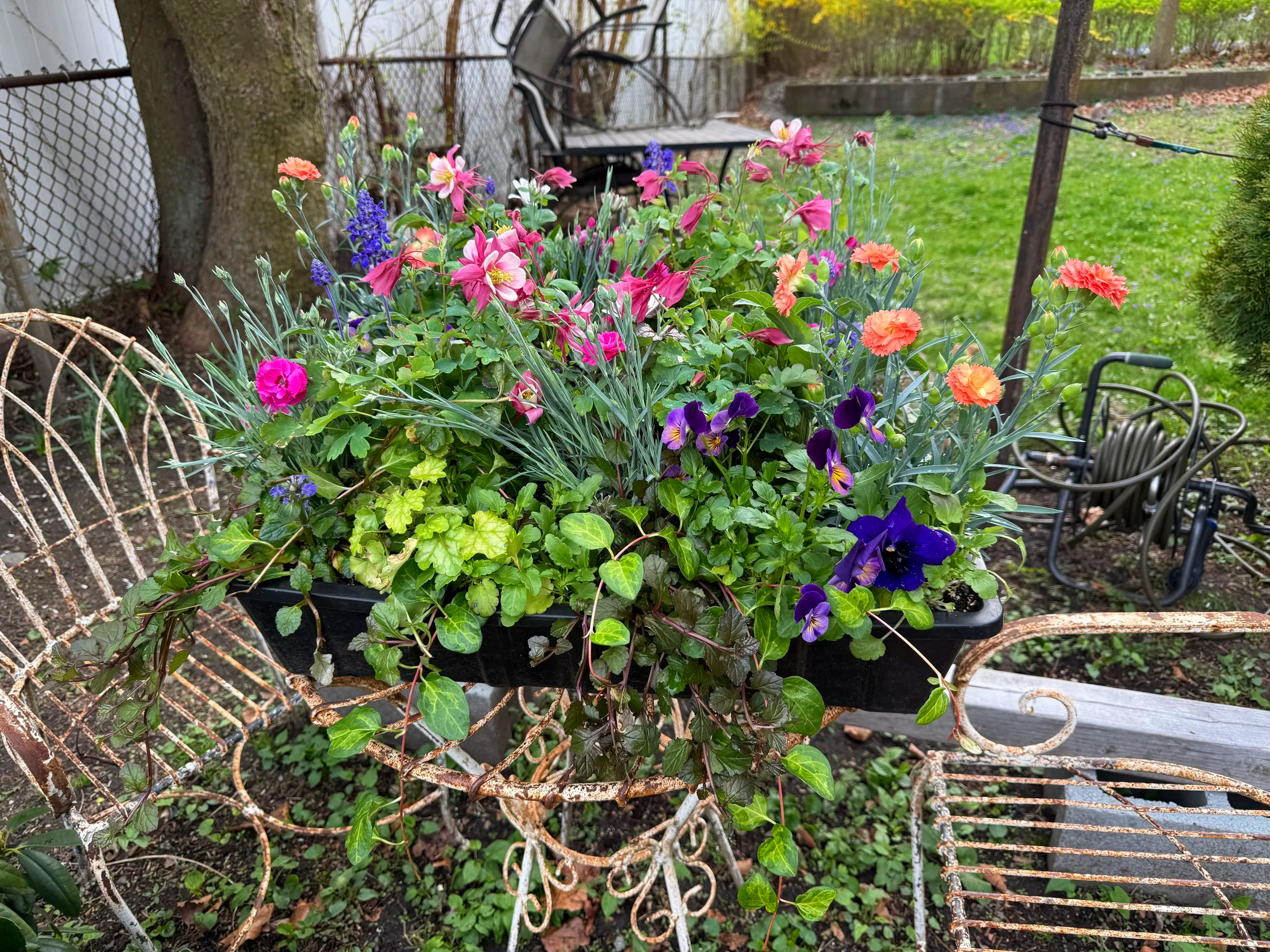 Rustic outdoor seating adds charm and warmth to any container arrangement, creating that cozy cottage-farmhouse feel.