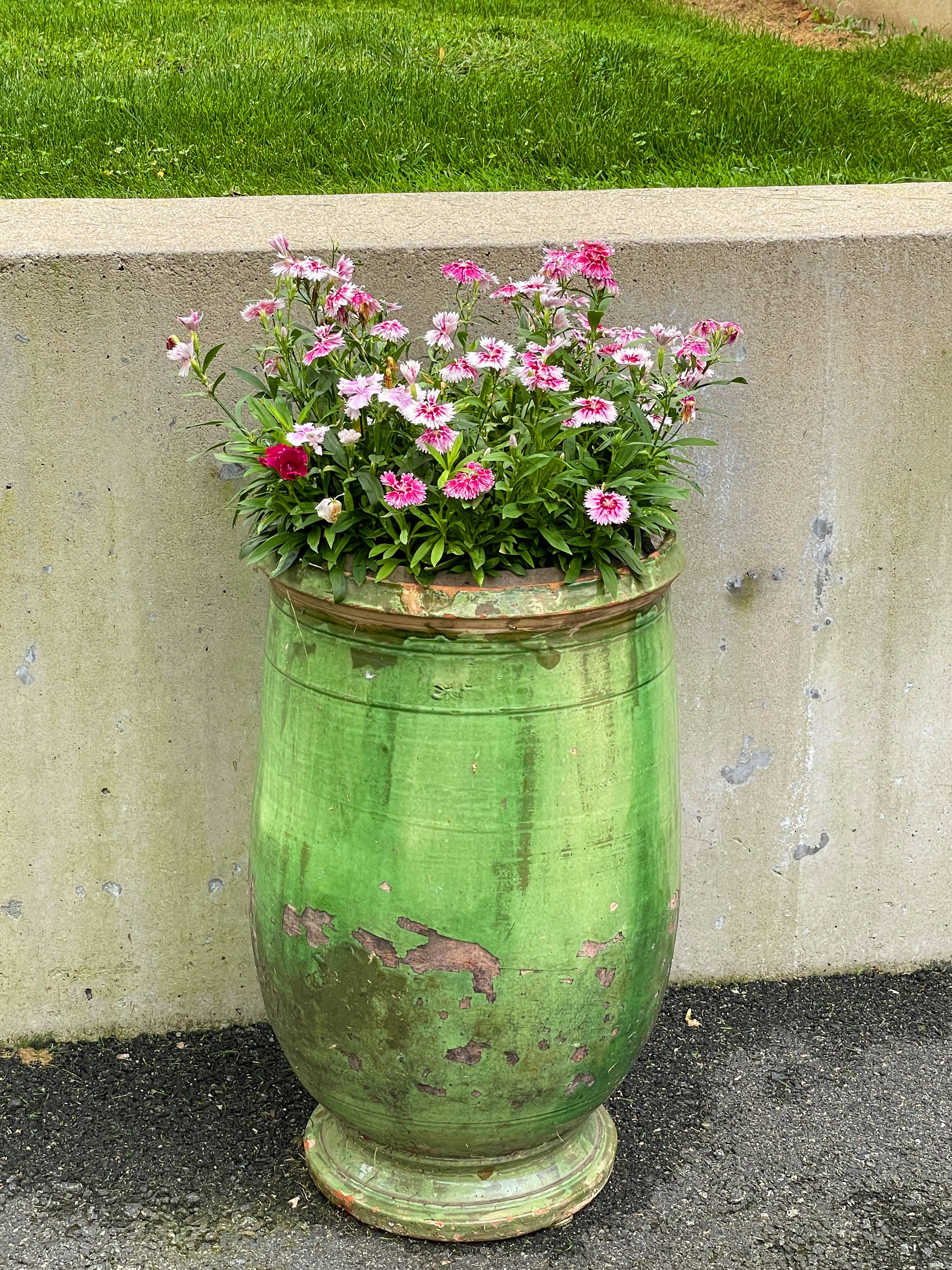 A large green weathered planter with pink and white flowers, positioned against a concrete wall on a dark gravel surface, with grass in the background.