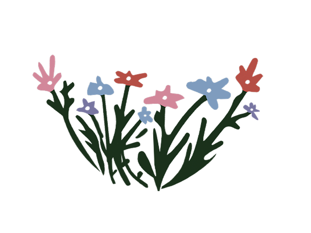 Illustration of colorful flowers with pink, blue, purple, and red petals and green stems on a white background.