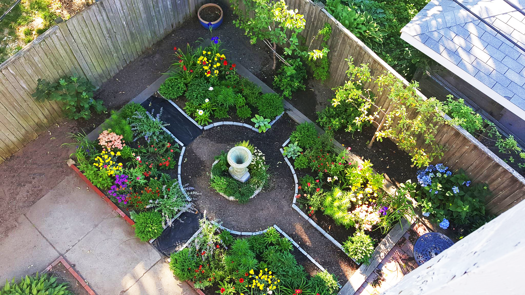A bird's-eye view of a small, rectangular garden area with a central fountain, surrounded by colorful flower beds, green shrubs, and small trees, enclosed by wooden fencing.