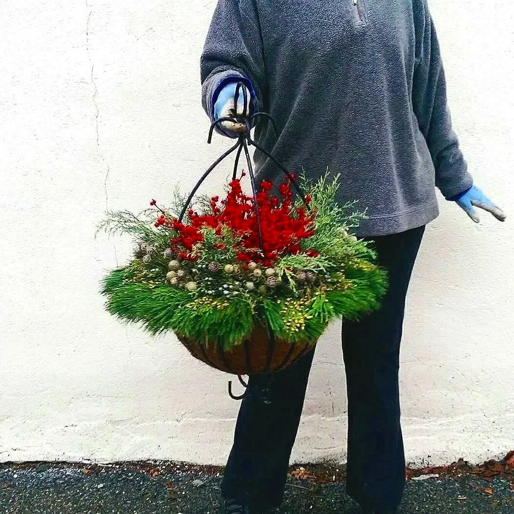 Person holding a large decorative basket filled with green foliage and red berries, standing against a plain white wall.