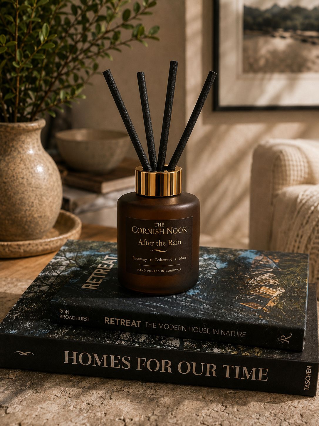 A brown candle holder labeled 'The Cornish Nook After the Rain' with black reed diffuser sticks, placed on top of two hardcover books titled 'Retreat' and 'Homes for Our Time' on a textured surface, with a potted plant, a bowl, and framed artwork in the background.