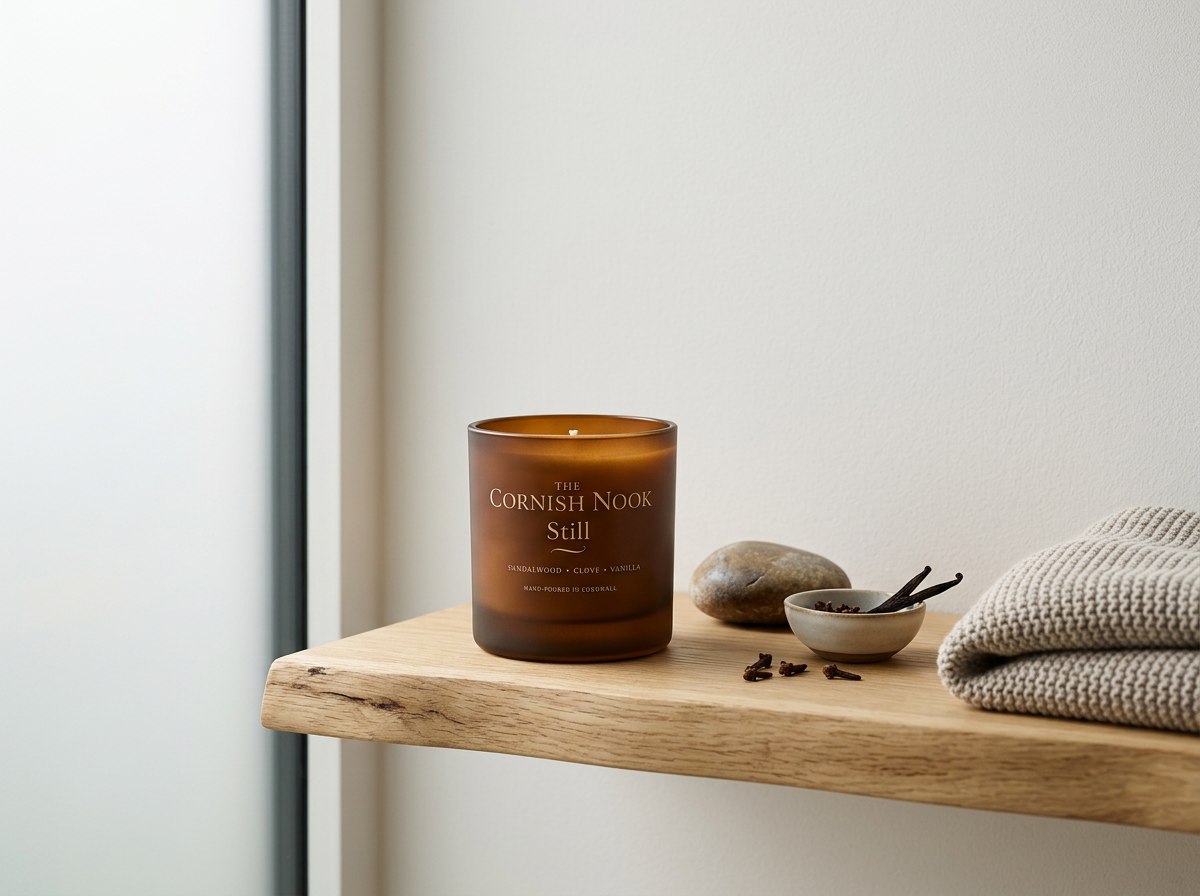 A frosted amber glass called 'The Cornish Nook Still' scented candle on a wooden shelf, with a small bowl of clove and vanilla, a few cloves spilled on the shelf, a smooth stone, and a folded gray knitted blanket.