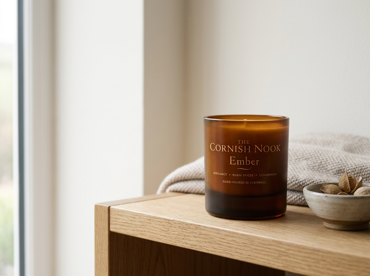 A frosted amber glass candle labeled 'The Cornish Nook Ember' on a light wooden surface with a gray cloth and small bowl of nuts nearby, near a window with natural light.