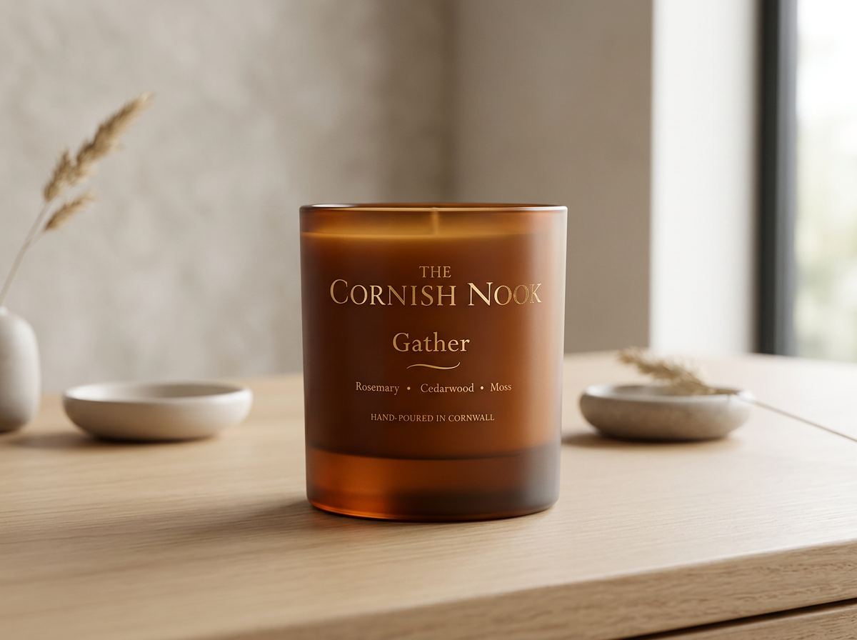 A frosted amber glass candle labeled "The Cornish Nook Gather" with ingredients rosemary, cedarwood, and moss, placed on a light-colored wooden surface with two minimalist bowls and dried plants in the background.