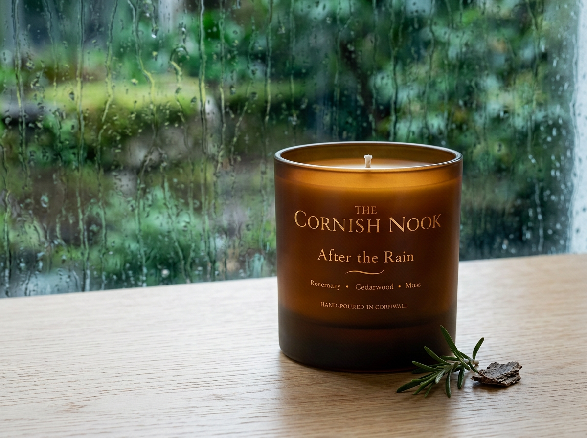 A frosted amber glass candle labeled 'The Cornish Nook After the Rain' placed on a wooden surface near a rain-covered window with greenery outside, along with a small sprig of rosemary and a piece of moss.