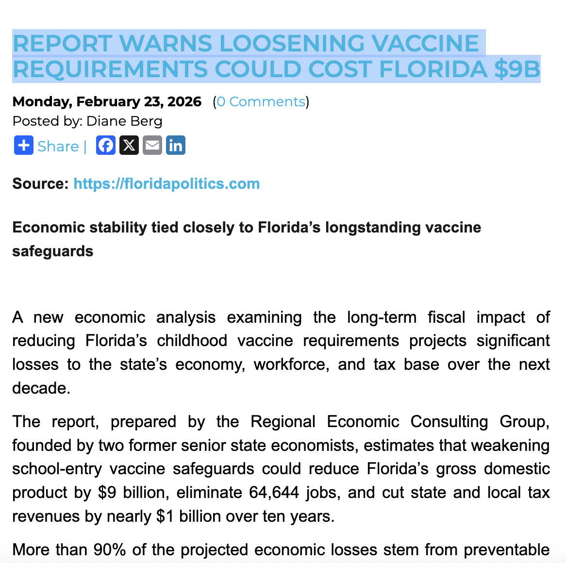 Report warns loosening vaccine requirements could cost Florida $9B