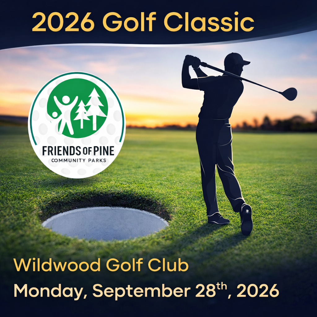 Golf ball with a logo for the 25th Friends of Pine Community Parks Golf Classic, featuring trees, a golfer, and text.