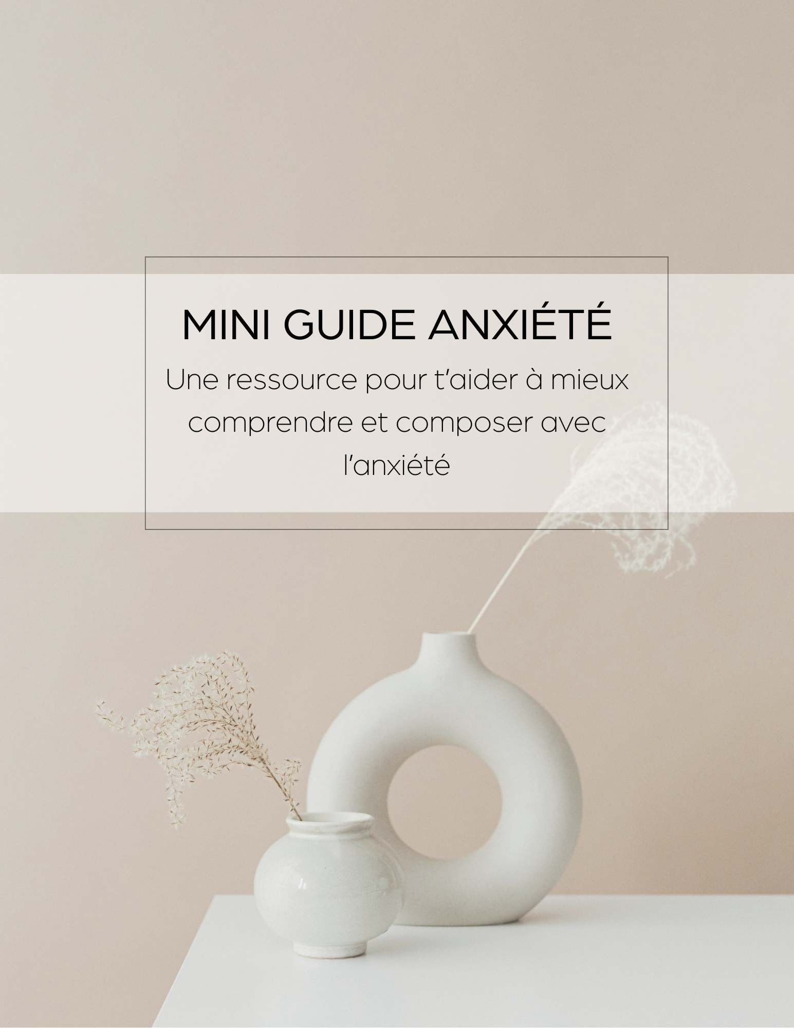 Titre 'Mini Guide Anxiété' sur un fond beige clair avec deux vases blanc, l'un contenant une branche d'herbe sèche.