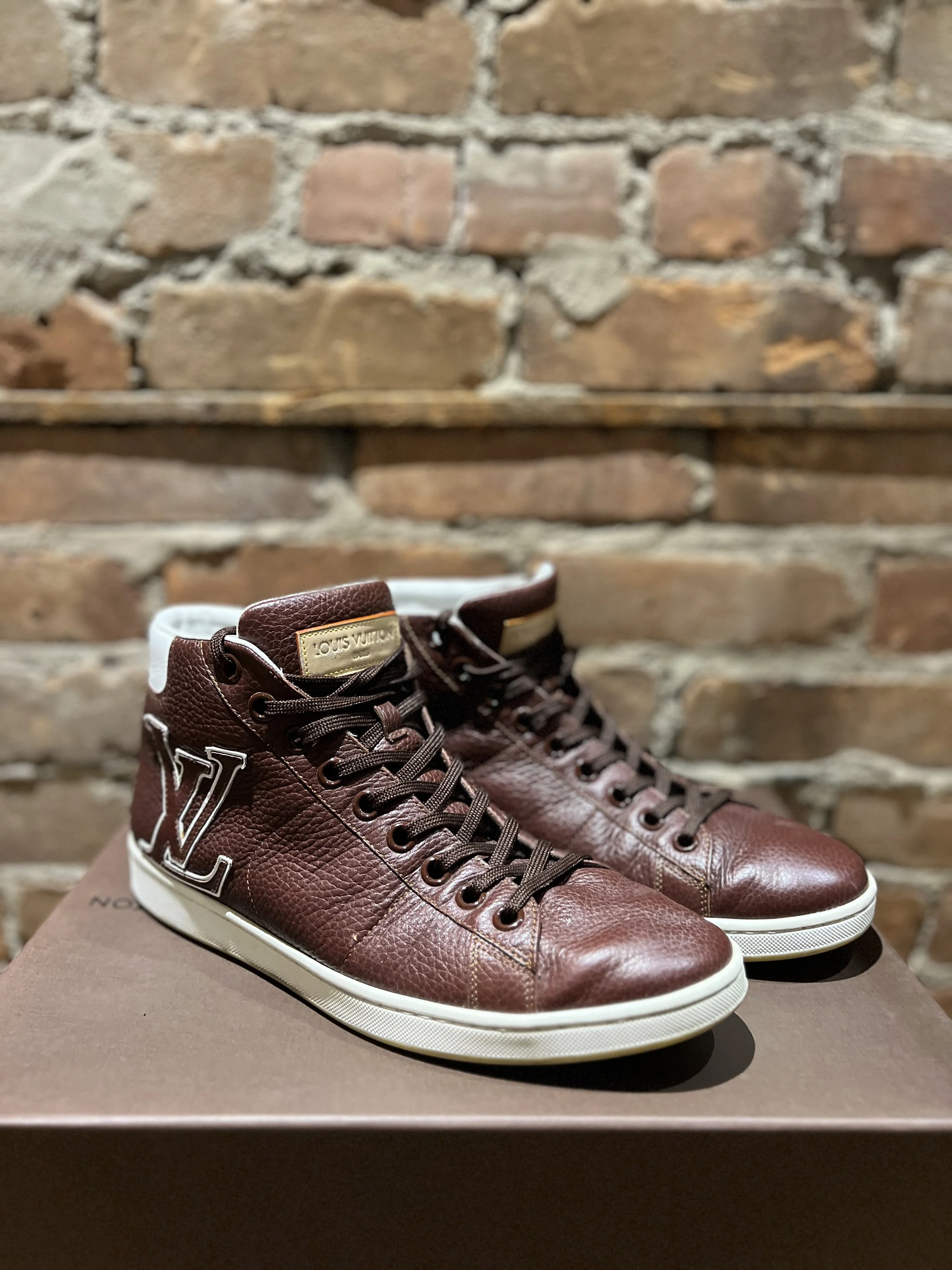LOUIS VUITTON Mahogany Grained Leather High-Top Sneakers - Size LV 7 (US 8)