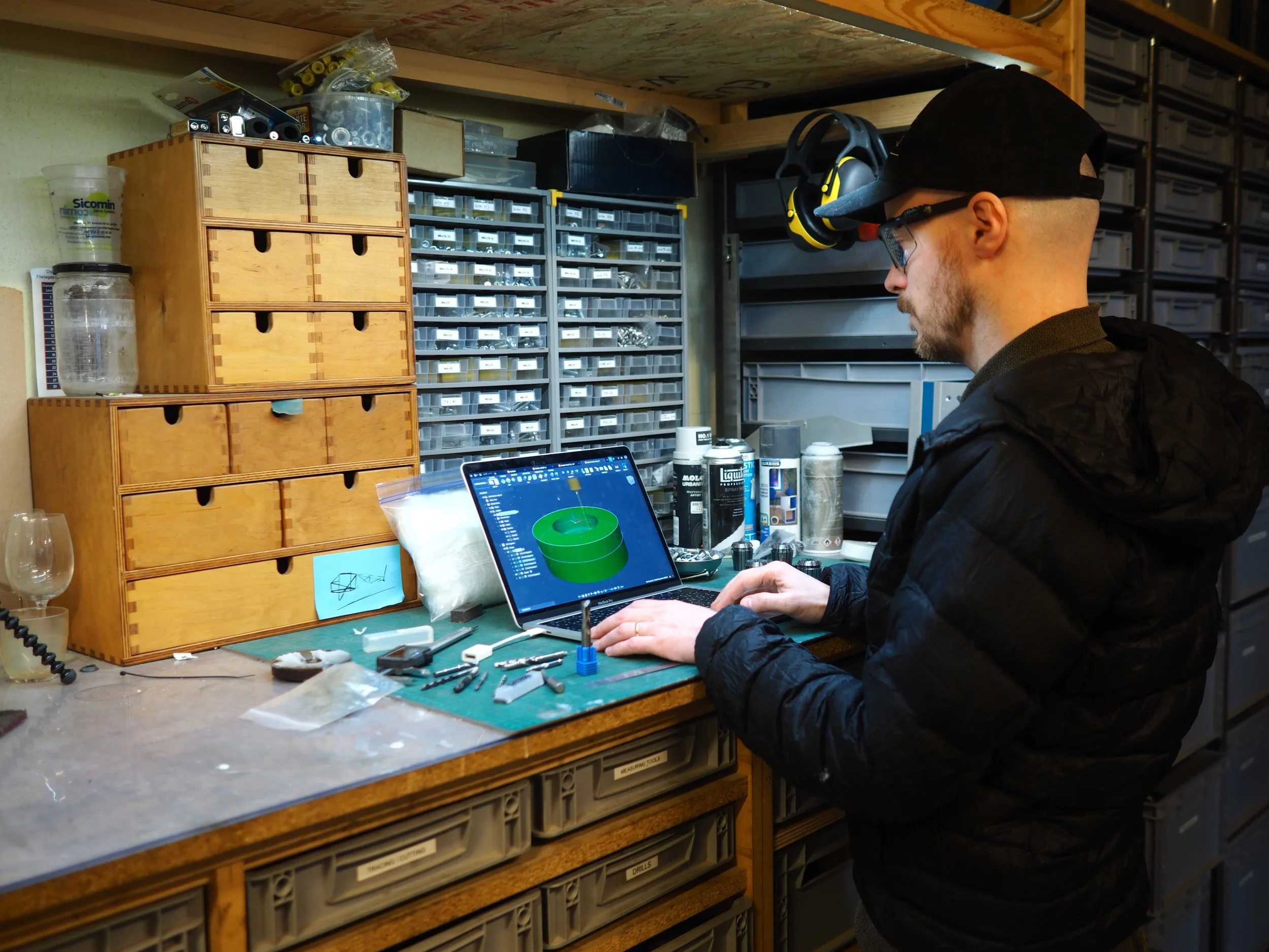 Christophe Machet developing new parts for the Polyfloss machine, 2024. Credits: The Polyfloss Factory.
