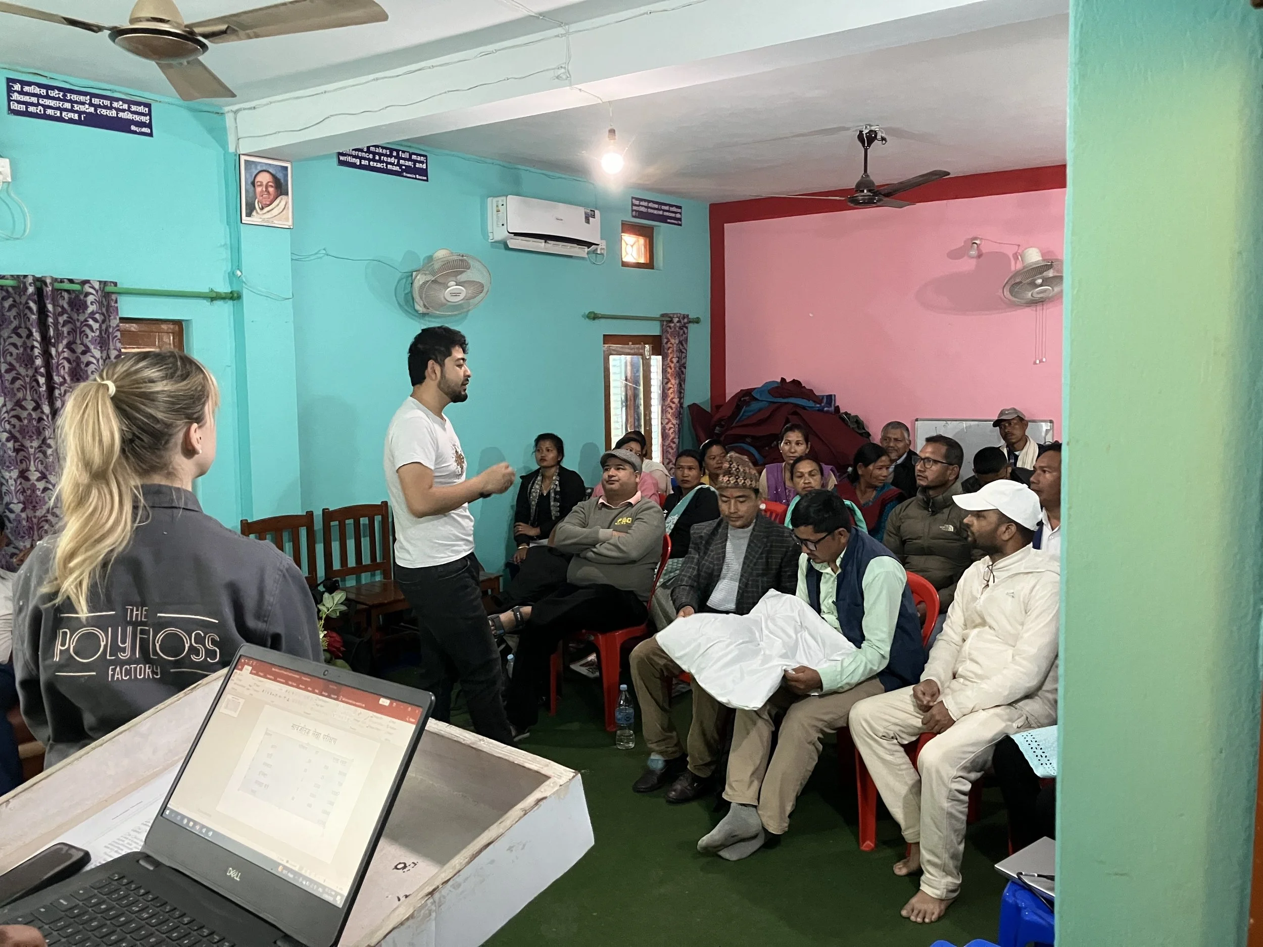 PIPER Project, presentation of the initiative to local actors and entrepreneurs, The Polyfloss Factory, World Vision International Nepal and the Response Innovation Lab, Nepal, 2024. Credits: The Polyfloss Factory.