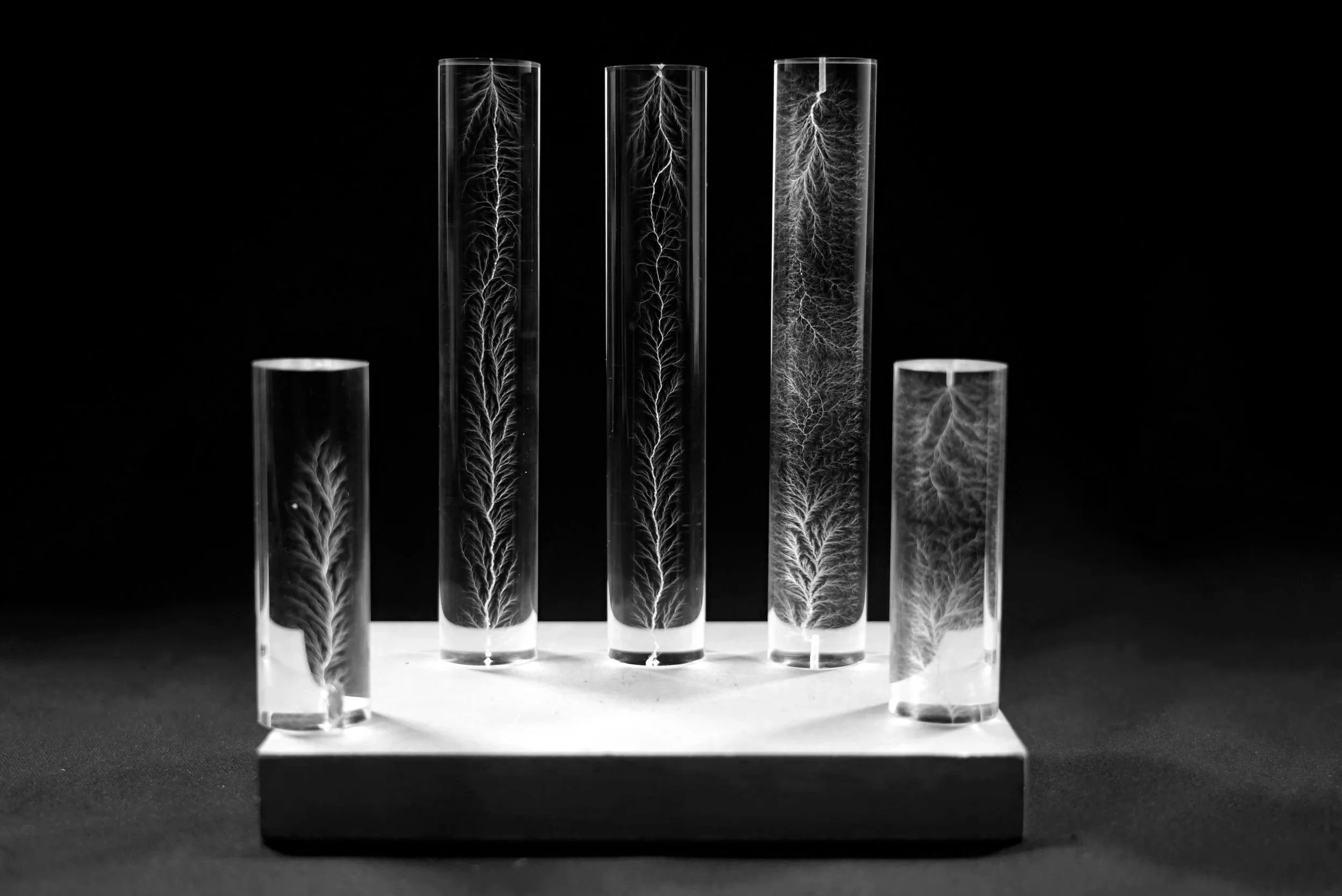 Emile De Visscher, vascular electron discharge in PMMA block, test 5, 2022, conducted at LSI Lab, École Polytechnique, Palaiseau, with support from EMIR network. Credits: Boris De Visscher.