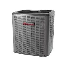 A gray commercial air conditioning or HVAC unit with a grille pattern and red logo on the front.