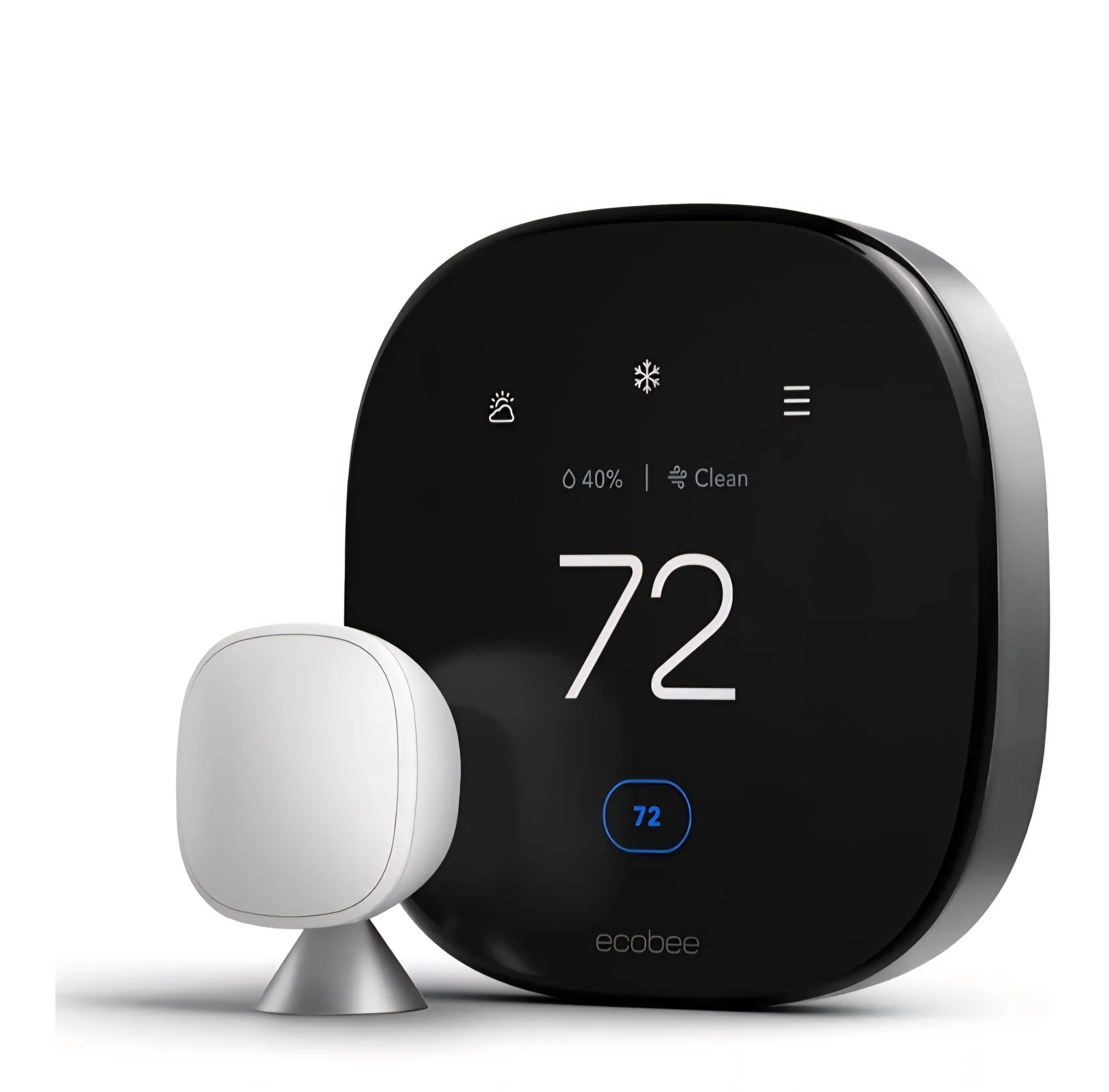 Smart thermostat display showing a temperature of 72 degrees, with settings for weather, humidity at 40%, and a clean filter indicator, accompanied by a white, rounded sensor device.