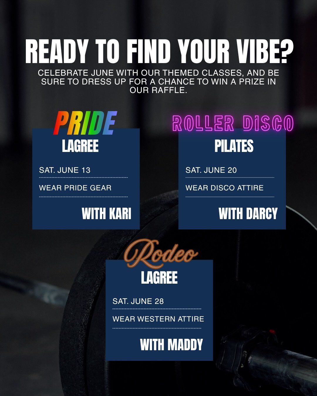 Your favorite workout, now with a themed twist! 🌈🪩🤠

This summer we&rsquo;re celebrating movement, community, and good vibes with Pride Lagree, Roller Rink Reformer, and Rodeo Lagree.

✨ Dress up
✨ Sweat it out
✨ Enter to win prizes
✨ Meet your pe