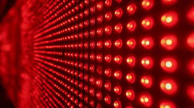 Close-up of a red LED light panel with multiple small lights in rows at Infinity Fitness Studios in Reno NV