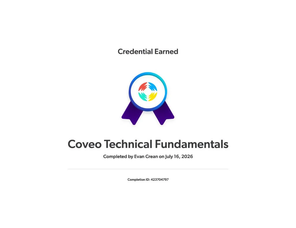 My Coveo Technical Fundamentals Certificate Earned July 16, 2026