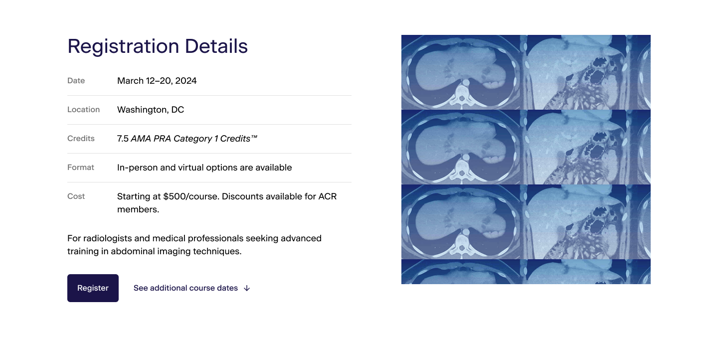 Click to view full UX copy for ACR's Courses and Events page