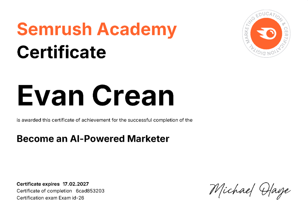 My Semrush Academy Certificate for the Become an AI-Powered Marketer Course