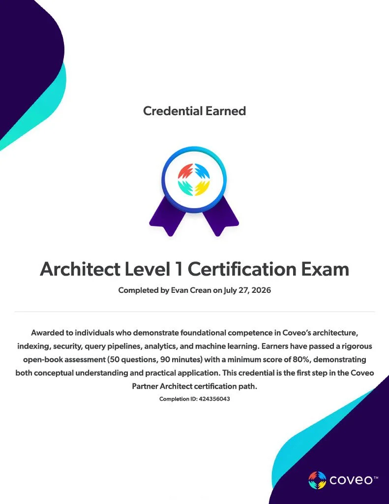 My Coveo Architect Level 1 Certificate Earned July 27, 2026