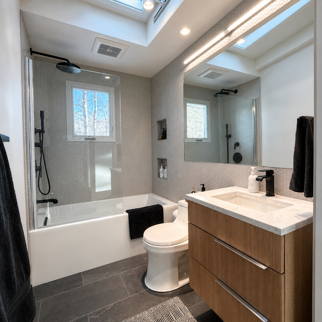 Skylit bathroom with tub-shower combo, black fixtures, and wood vanity — natural light from overhead skylight and window.