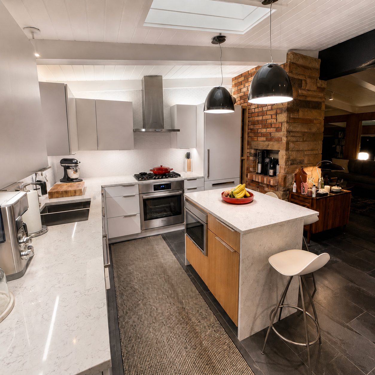 Kitchen island with marble countertop, exposed brick wall, and skylight — Fennville mid-century renovation